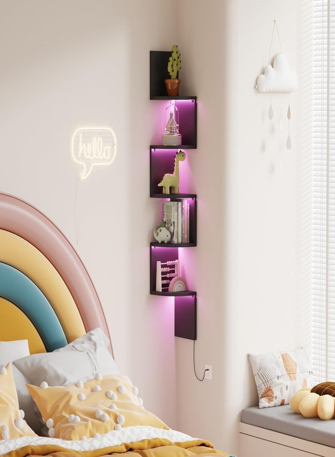 Qupui Corner Shelf Wall Mount with LED Light, 5 Tier Floating Corner Bookshelf, Plant Shelf for Bedroom, Floating Shelves for Wall, Display Stand for Living Room, Bathroom, Home Office, Black - Image 4